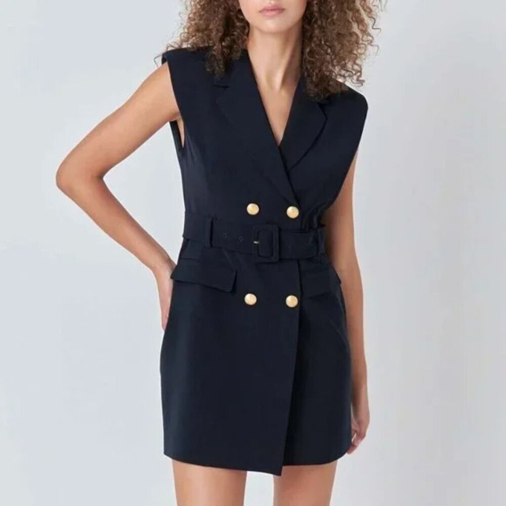 New Endless Rose Sleeveless Gold Button Blazer Dress Navy S $139